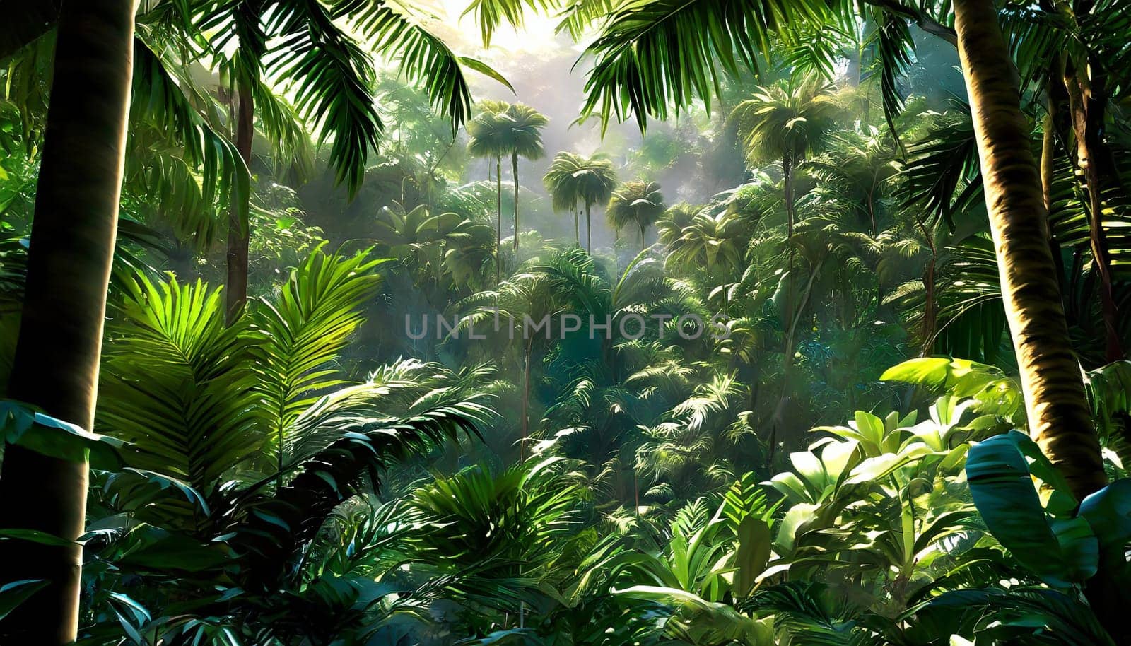 Deep tropical jungles. Dark rainforest, sun rays through the trees, rich jungle greenery.