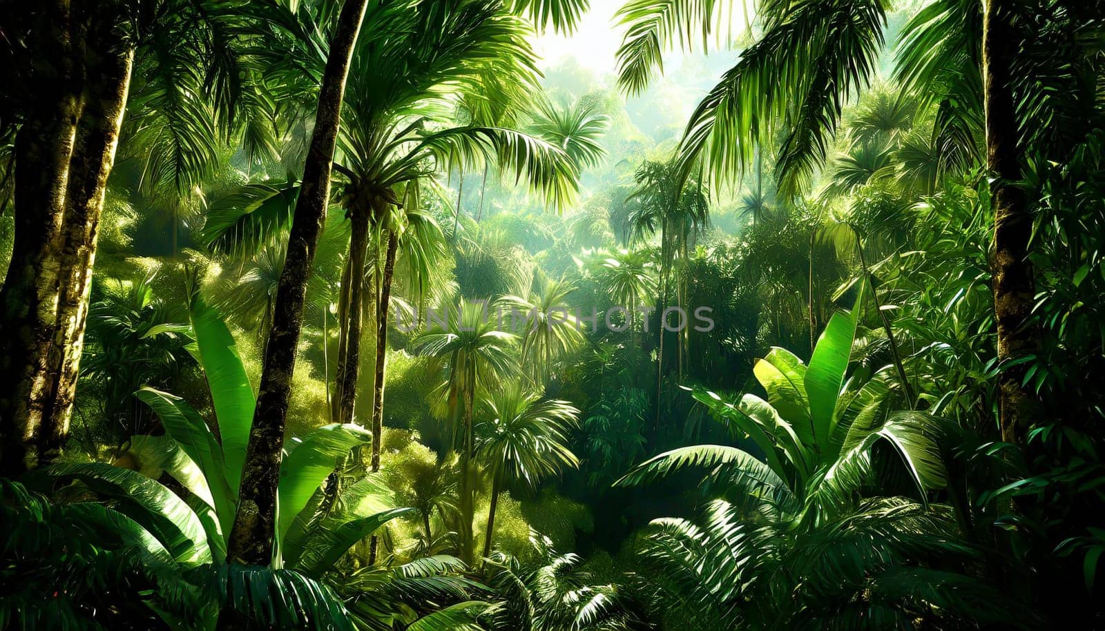 Deep tropical jungles. Dark rainforest, sun rays through the trees, rich jungle greenery.
