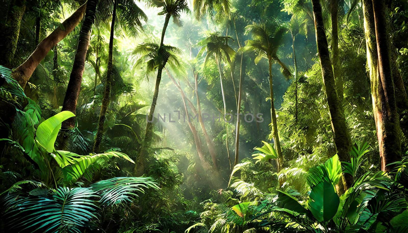 Deep tropical jungles. Dark rainforest, sun rays through the trees, rich jungle greenery.