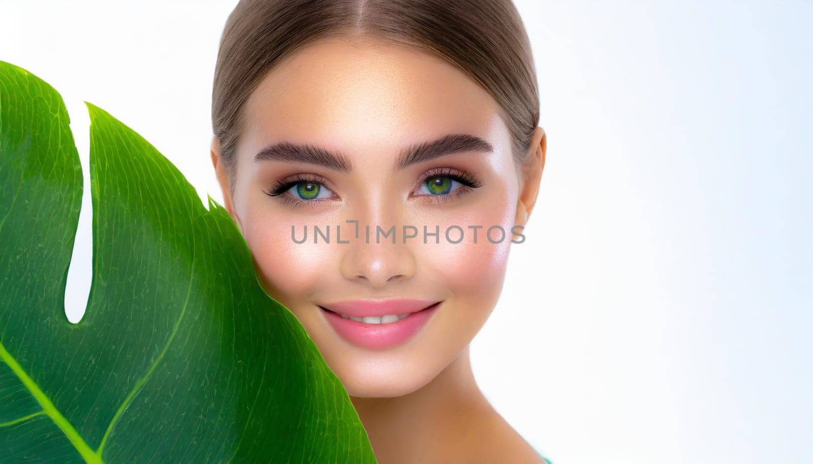 Portrait of young beautiful woman with healthy glow perfect smooth skin holds green tropical leaf. Model with natural nude make up. Gray background.