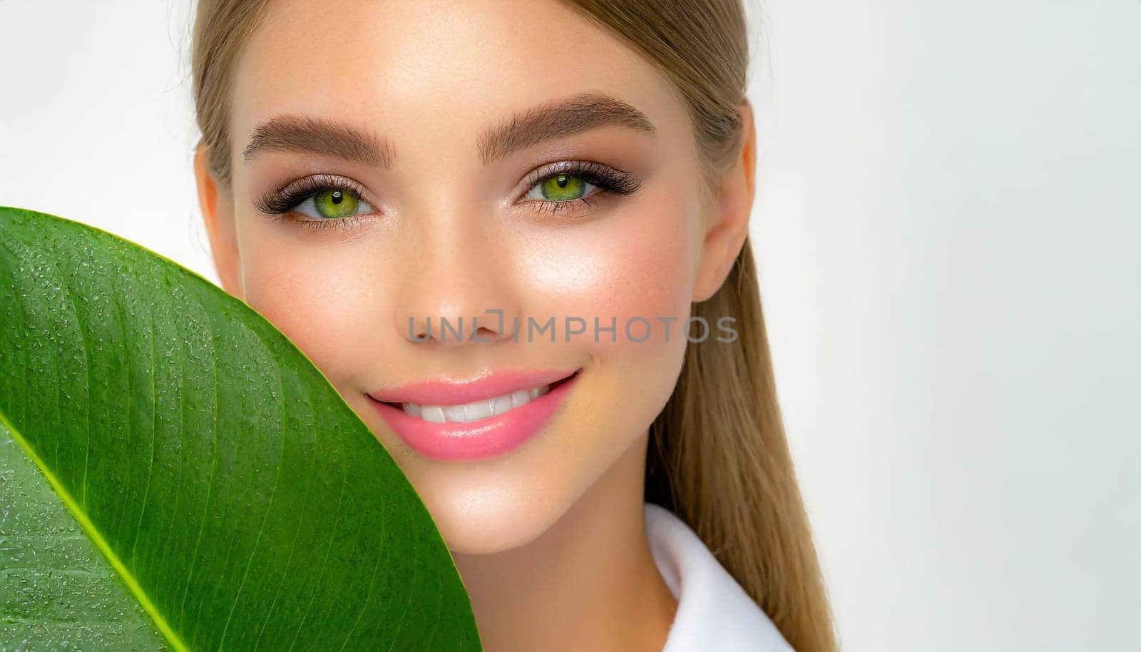Portrait of young beautiful woman with healthy glow perfect smooth skin holds green tropical leaf. Model with natural nude make up. Gray background.