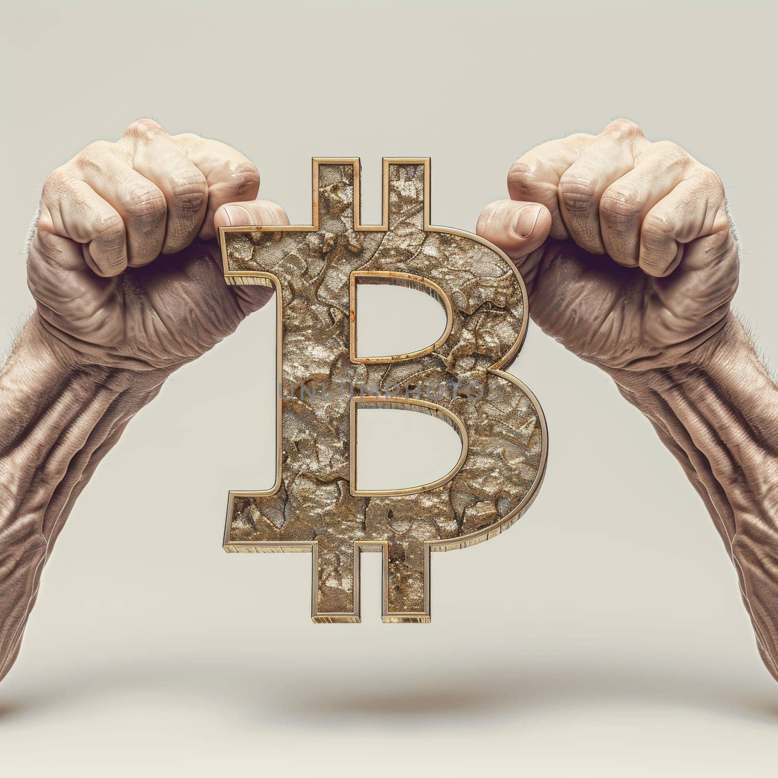 A representation of Bitcoin as a weathered gold sculpture, gripped by strong hands, evokes the enduring value and history of this pioneering cryptocurrency. Essence of Bitcoin's journey and impact