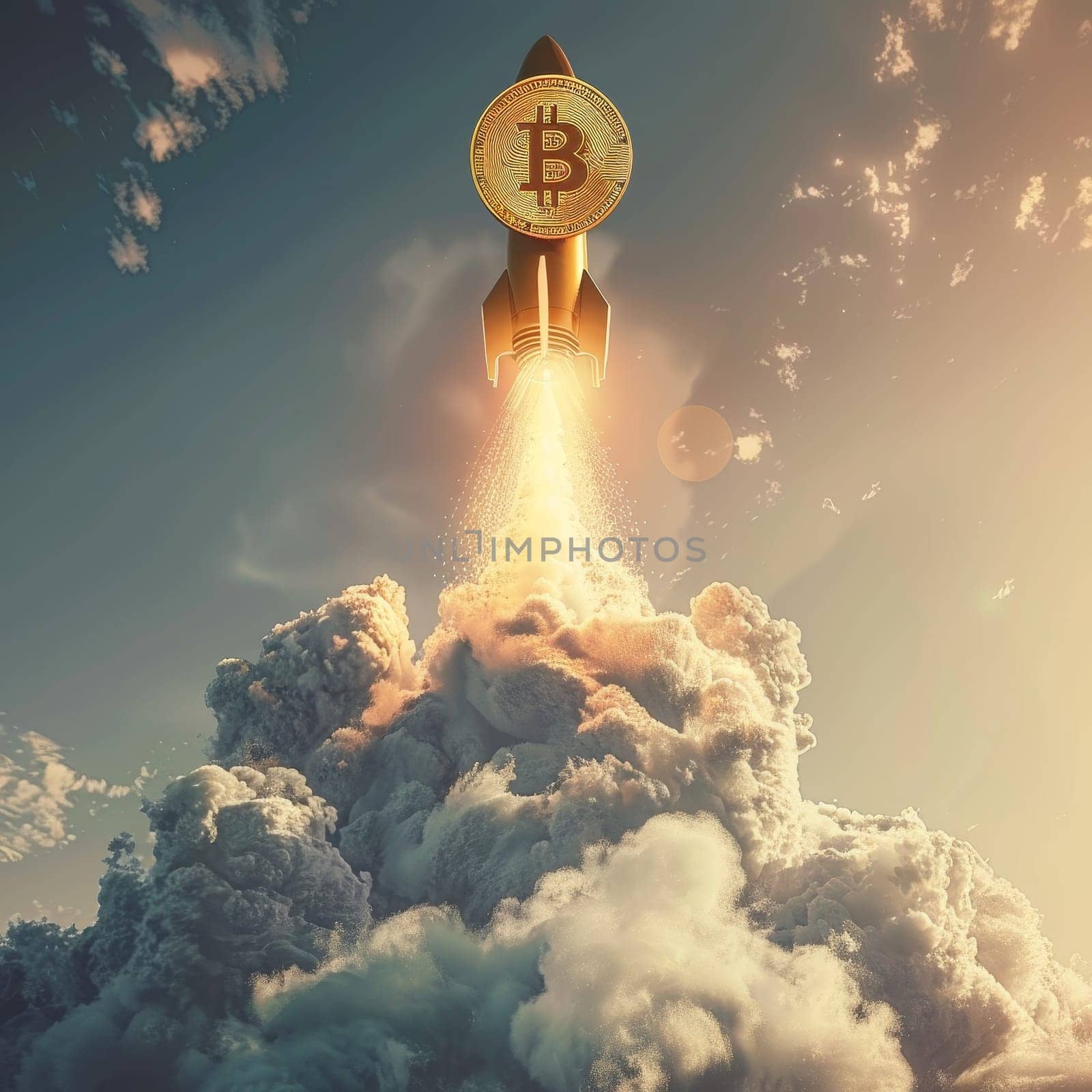 A symbolic Bitcoin rocket soars through clouds, representing a surge in cryptocurrency value. The imagery evokes the dynamic and explosive growth potential of digital currencies