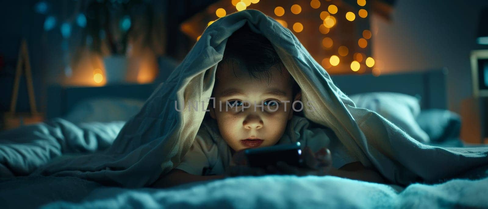 In a dimly lit room, a child is captivated by a device, their face glowing under a makeshift tent of sheets. The backdrop of soft fairy lights adds a dreamy quality to this peaceful scene