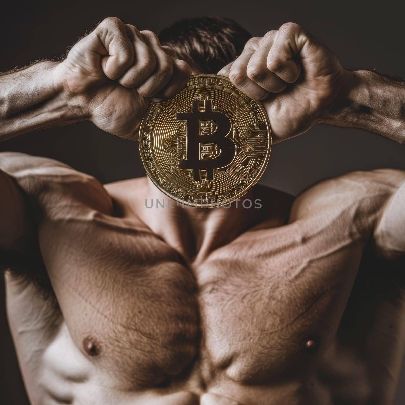 A muscular individual holds a golden Bitcoin in front of their face, symbolizing strength and stability in cryptocurrency. The contrast between human resilience and digital currency
