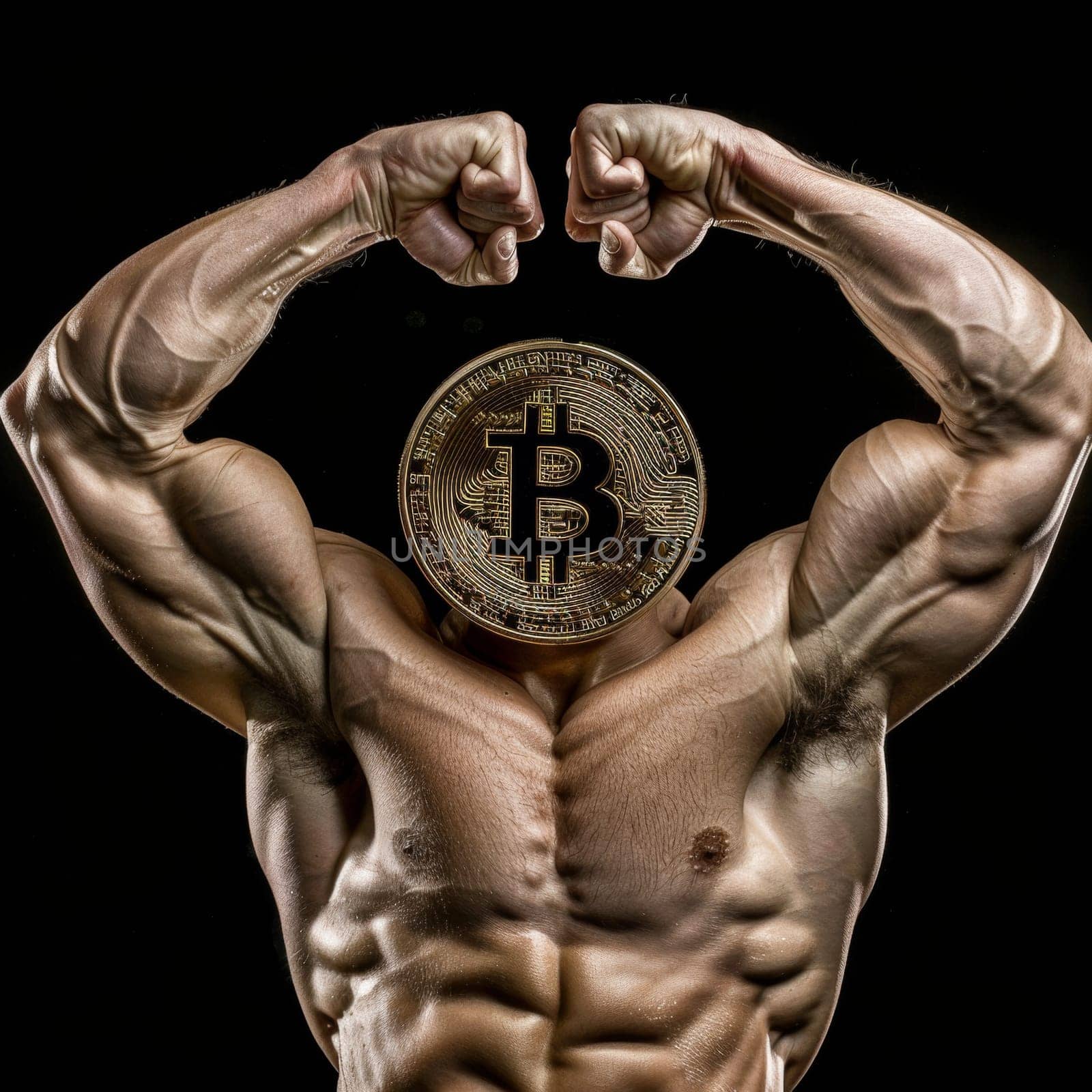 Bodybuilder's imposing muscles are crowned by fists with shining Bitcoin, embodying power and dominance of the cryptocurrency in the financial world. Bitcoin's influential role in global economics