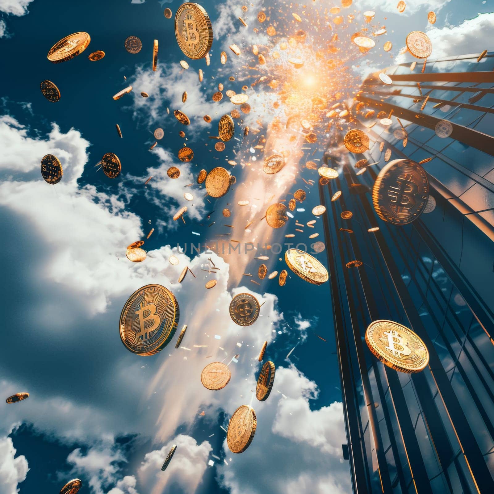 Bitcoins erupting from a skyscraper mirror the explosive impact of cryptocurrency on modern finance, symbolizing breakthrough and disruptive economic potential amidst the clouds of traditional markets