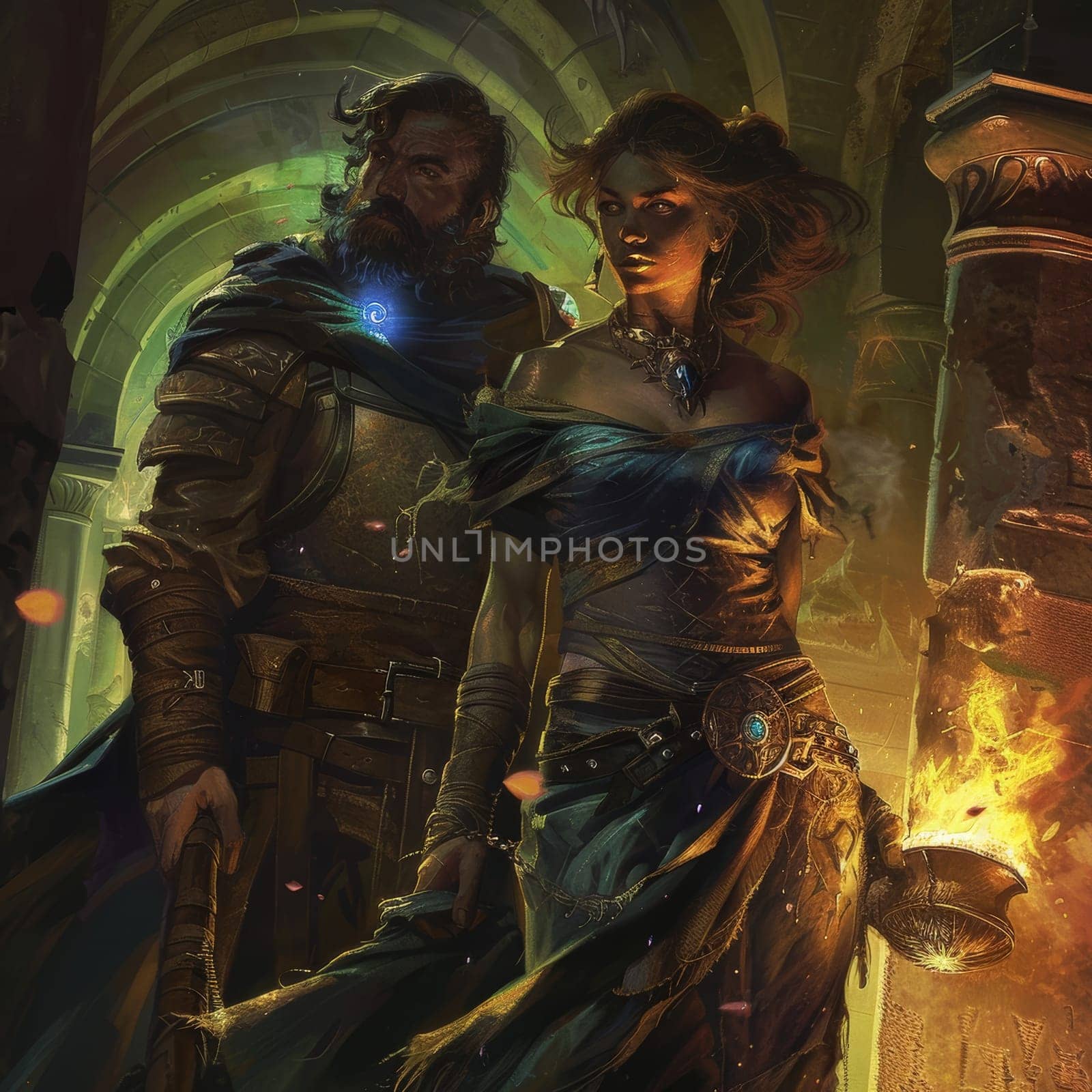 A sorceress with piercing eyes stands beside a bearded warrior, a fiery sconce casting dramatic shadows. Their powerful presence hints at untold stories of adventure