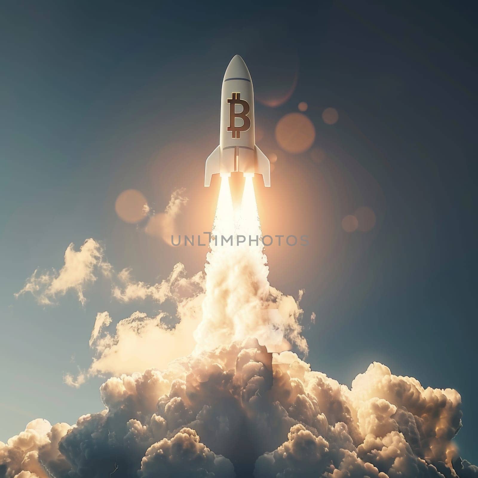 A Bitcoin symbol is ingeniously fused with a space rocket, shooting upwards through the clouds, capturing the essence of cryptocurrency's skyrocketing value and ambition