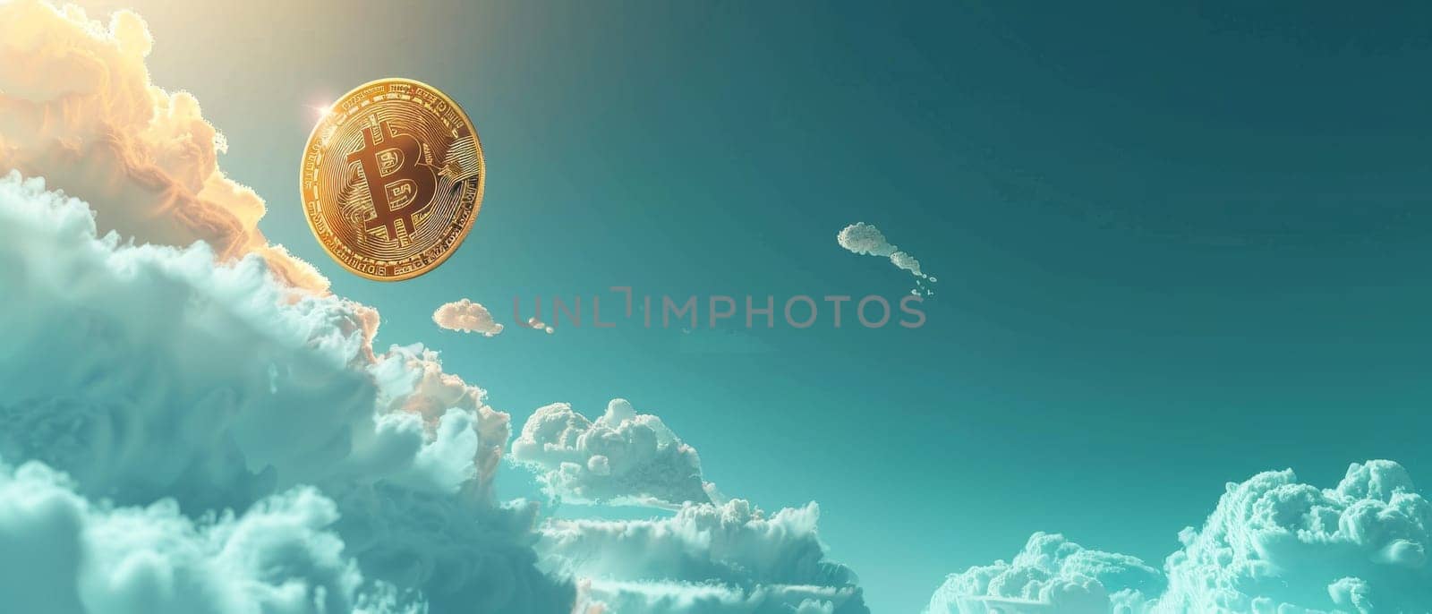 In a wide panoramic view, a singular Bitcoin coin glides across a serene blue sky with fluffy clouds, symbolizing a calm yet steady climb in the financial realm of digital currencies