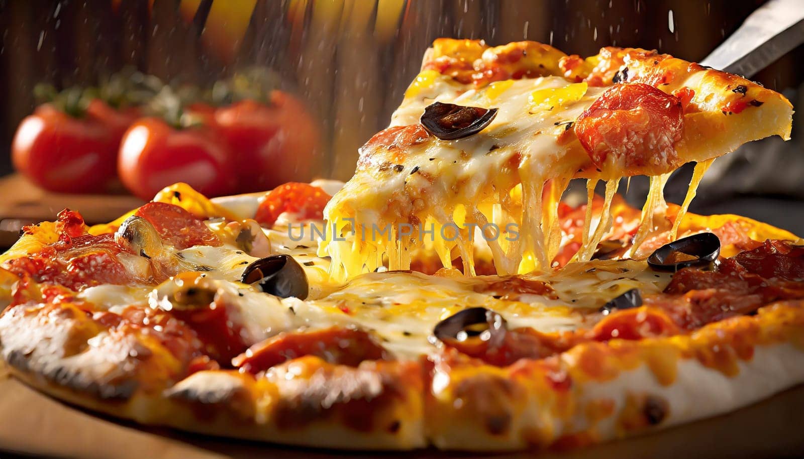 Supreme Pizza lifted slice