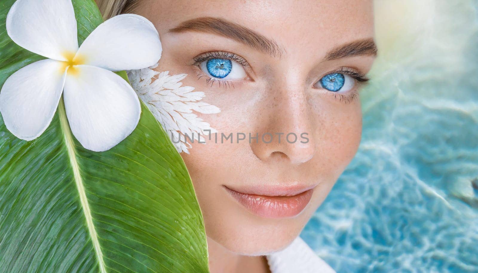 Portrait of beautiful woman with healthy glow perfect smooth skin holds tropical leaf, look into the hole of green paper. Young girl enjoys cream facial mask. Fashion, beauty, skincare concept.