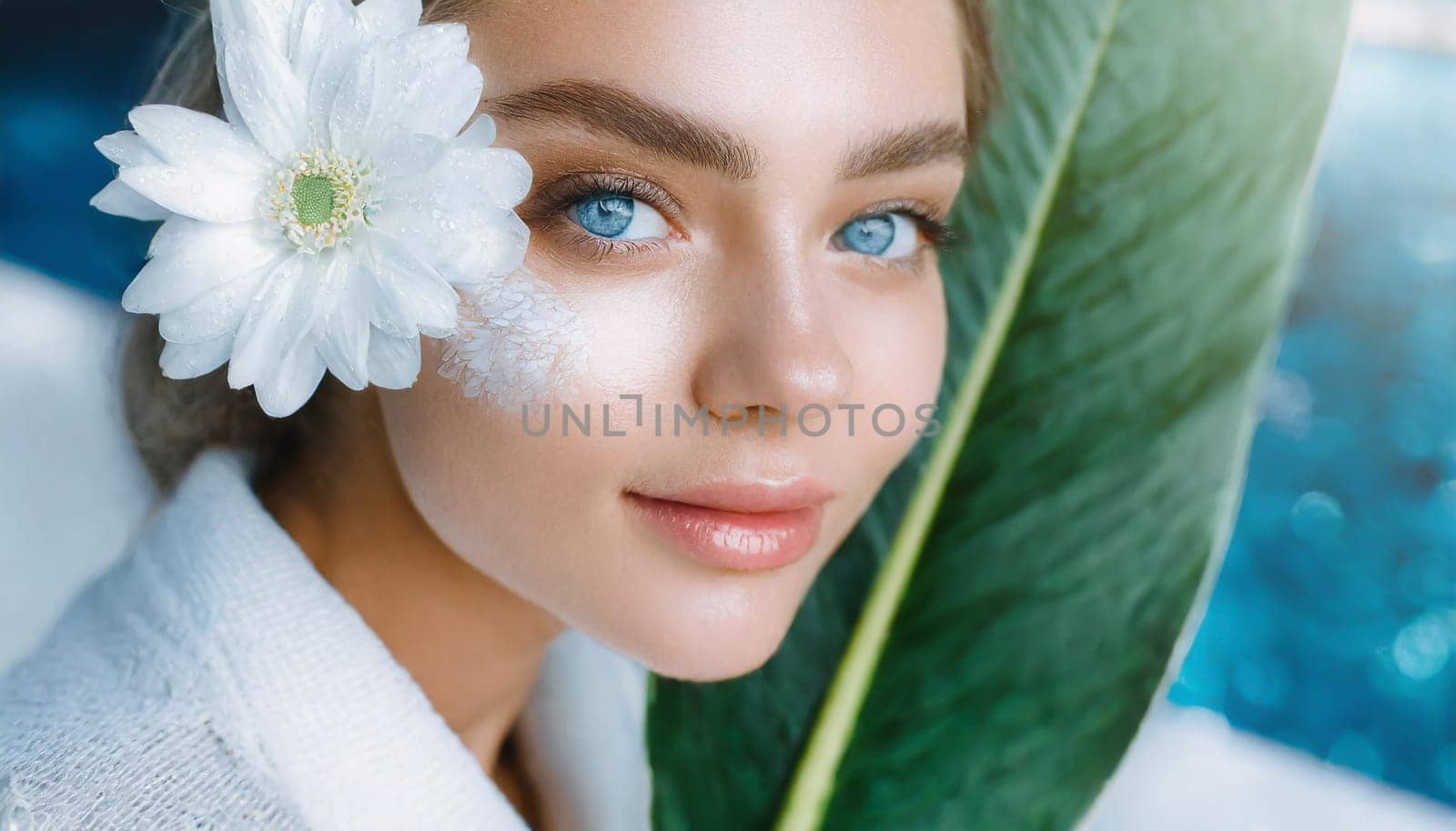 Portrait of beautiful woman with healthy glow perfect smooth skin holds tropical leaf, look into the hole of green paper. Young girl enjoys cream facial mask. Fashion, beauty, skincare concept.