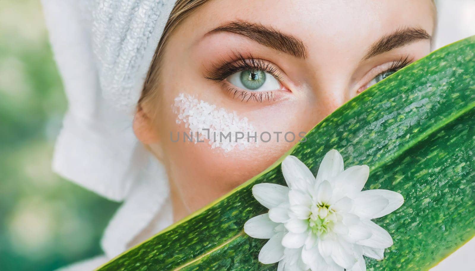 Portrait of beautiful woman with healthy glow perfect smooth skin holds tropical leaf, look into the hole of green paper. Young girl enjoys cream facial mask. Fashion, beauty, skincare concept.