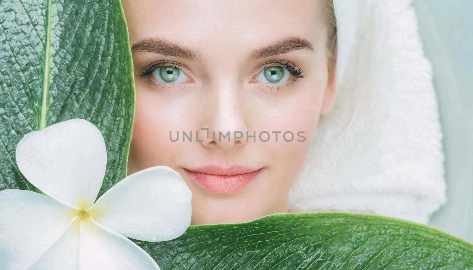 Portrait of beautiful woman with healthy glow perfect smooth skin holds tropical leaf, look into the hole of green paper. Young girl enjoys cream facial mask. Fashion, beauty, skincare concept.