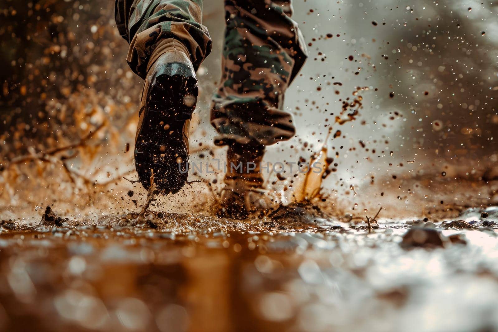 Brown military boots on mud and puddle. Close-up of military boots on mud and puddle.  Boots on the ground. AI generated