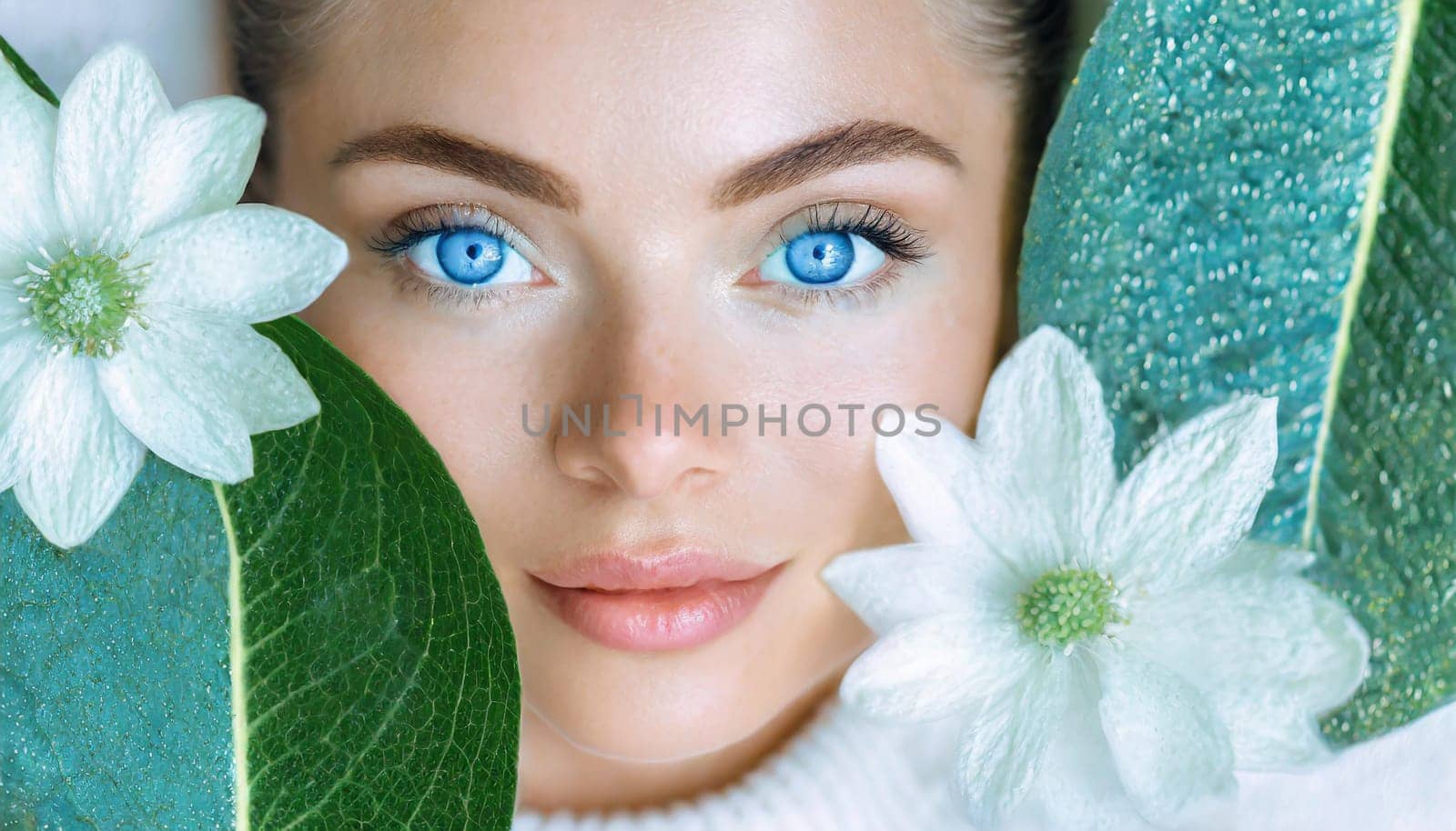 Portrait of beautiful woman with healthy glow perfect smooth skin holds tropical leaf, look into the hole of green paper. Young girl enjoys cream facial mask. Fashion, beauty, skincare concept.