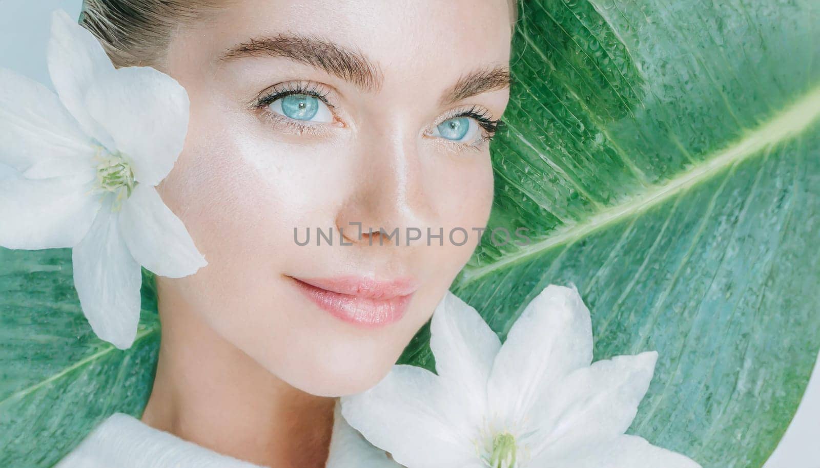 Portrait of beautiful woman with healthy glow perfect smooth skin holds tropical leaf, look into the hole of green paper. Young girl enjoys cream facial mask. Fashion, beauty, skincare concept.