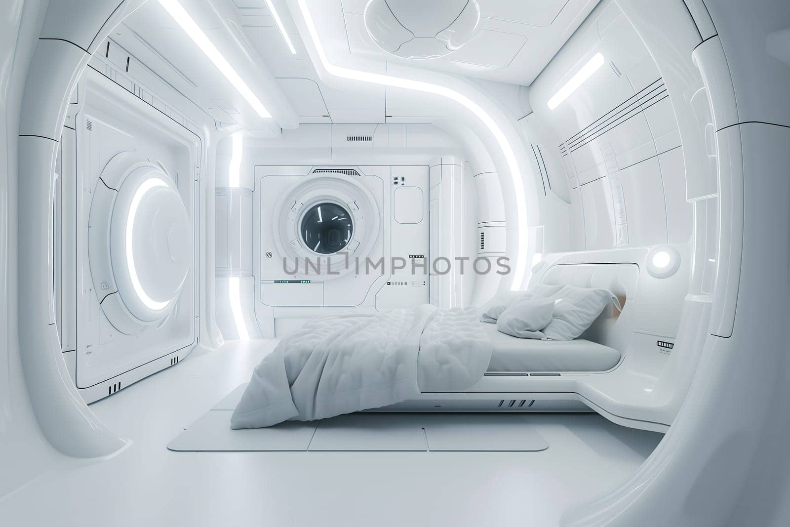 futuristic clean white space station style interior of bedroom. Neural network generated image. Not based on any actual scene or pattern.