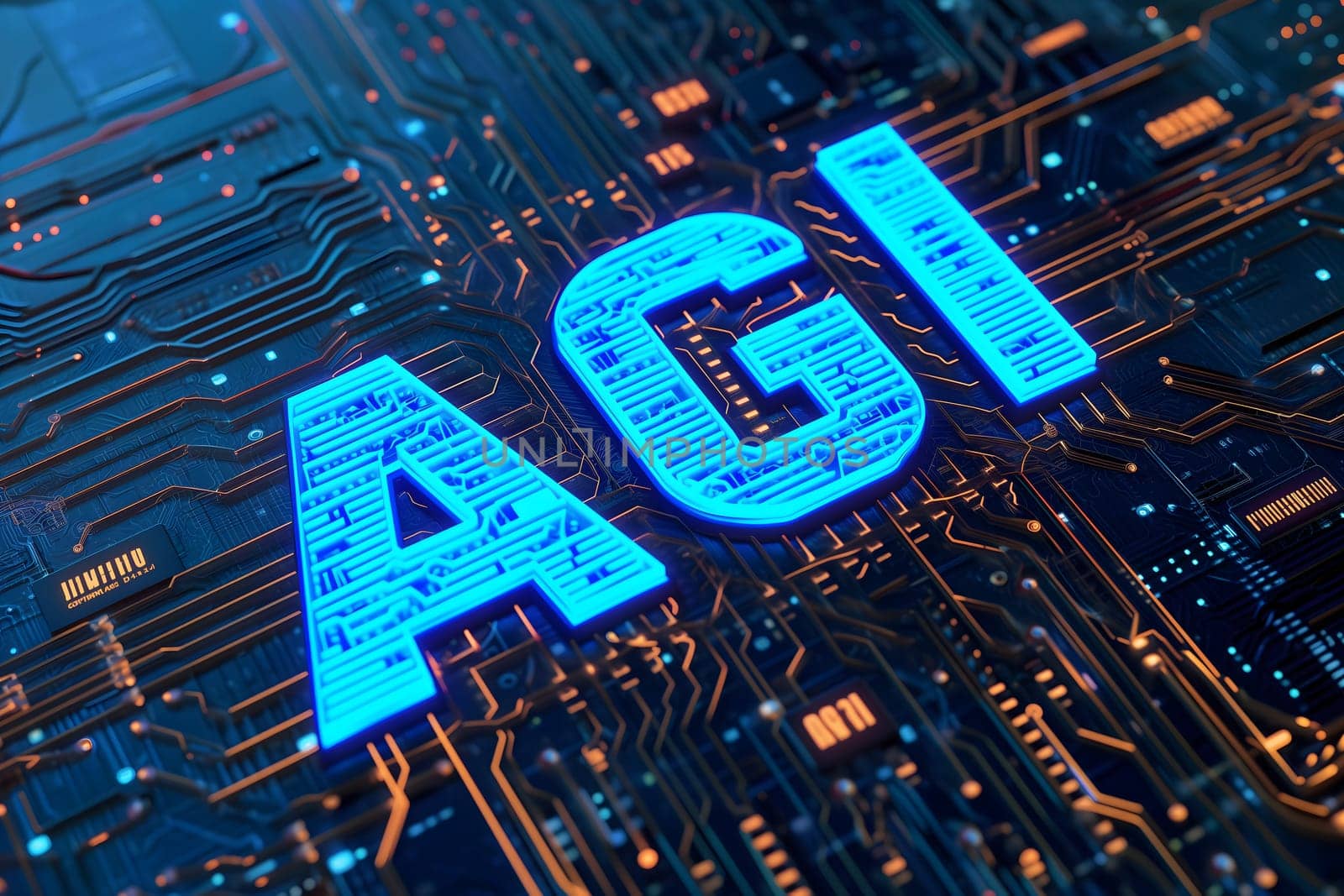 AGI - artificial general intelligence - microchip on black circuit board with orange glow, dedicated AI hardware concept
