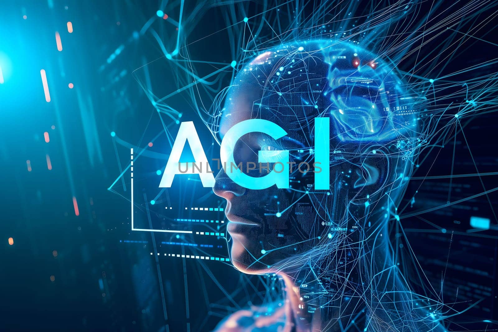 Human head on abstract cybernetic data background with word AGI for Artificial General Intelligence. Neural network generated image. Not based on any actual person or scene.