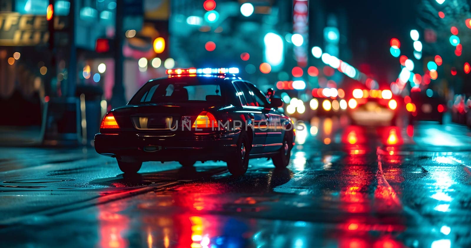 police car lights at night in city street with selective focus and bokeh. Neural network generated image. Not based on any actual person or scene.