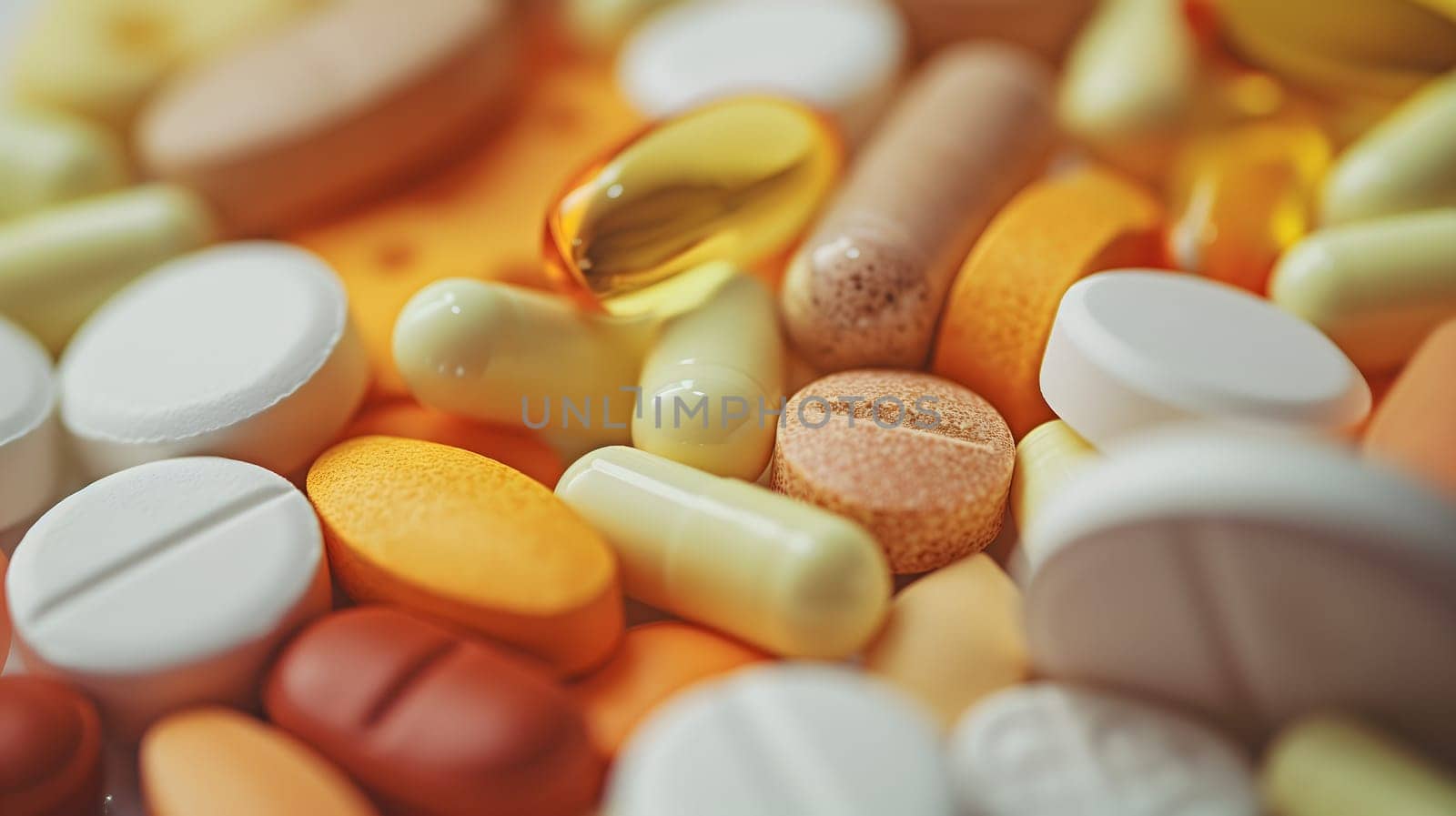 Pile of different medical pills, full-frame background. Neural network generated image. Not based on any actual scene or pattern.