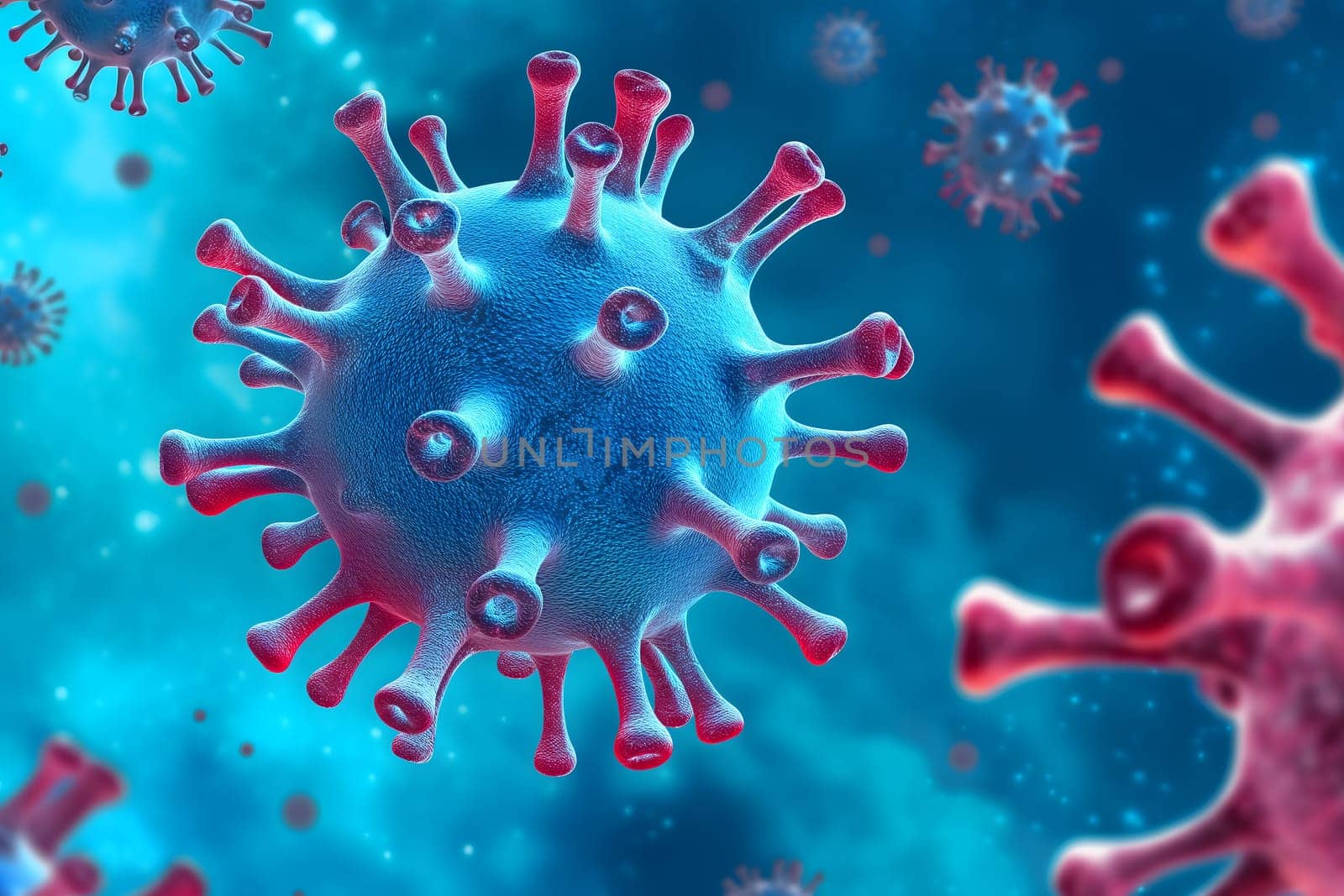 many coronaviruses micro scene background. Neural network generated image. Not based on any actual scene or pattern.