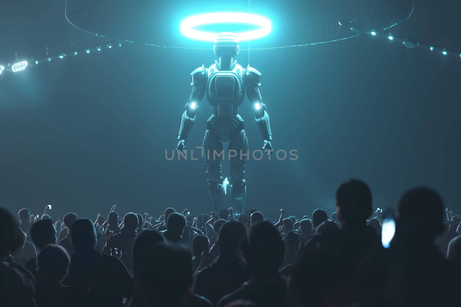 Cyber god in front of their adepts for artificial super intelligence encounter. Neural network generated image. Not based on any actual person or scene.