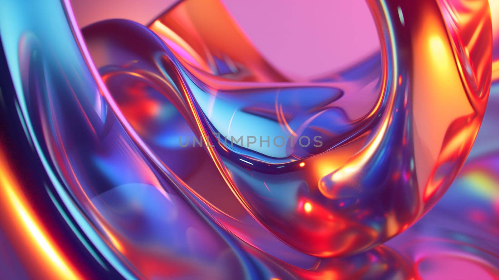 Abstract background of wavy glass with colorful orange and pink lighting. Neural network generated in January 2024. Not based on any actual scene or pattern.