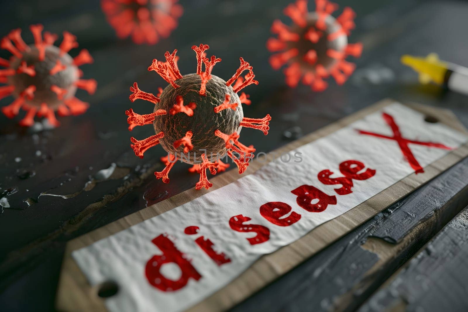 Disease X conceptual composition with coronaviruses for new pandemic topic. Neural network generated image. Not based on any actual scene or pattern.