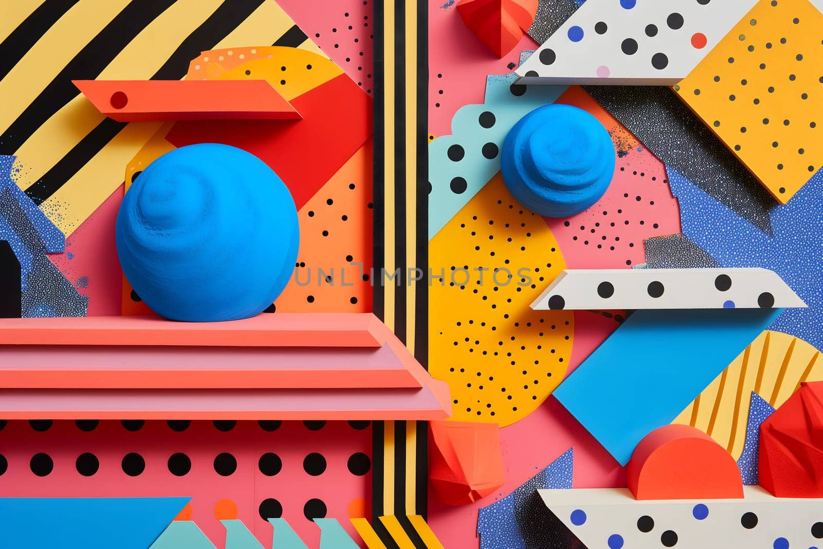 abstract background of playful convergence of 2D pop-art graphics and 3D geometric shapes creating a vibrant multiverse portal, embodying high-energy and big-impact visuals. Neural network generated image. Not based on any actual scene or pattern.