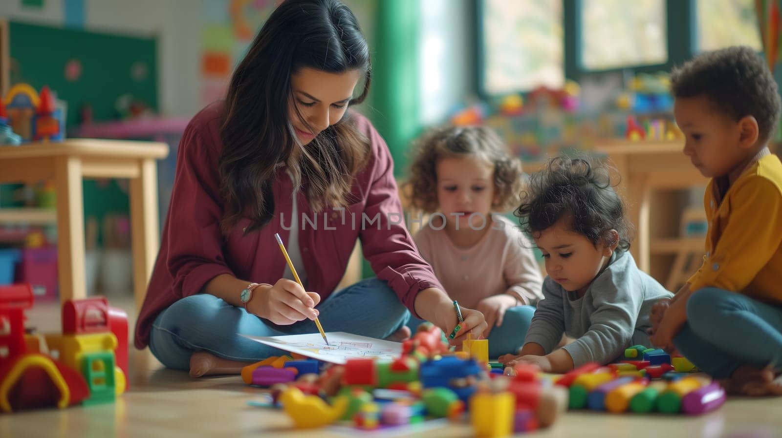 Beautiful teacher and group of toddlers sitting on the floor drawing using paper and pencil around lots of toys at kindergarten. Neural network generated image. Not based on any actual scene or pattern.
