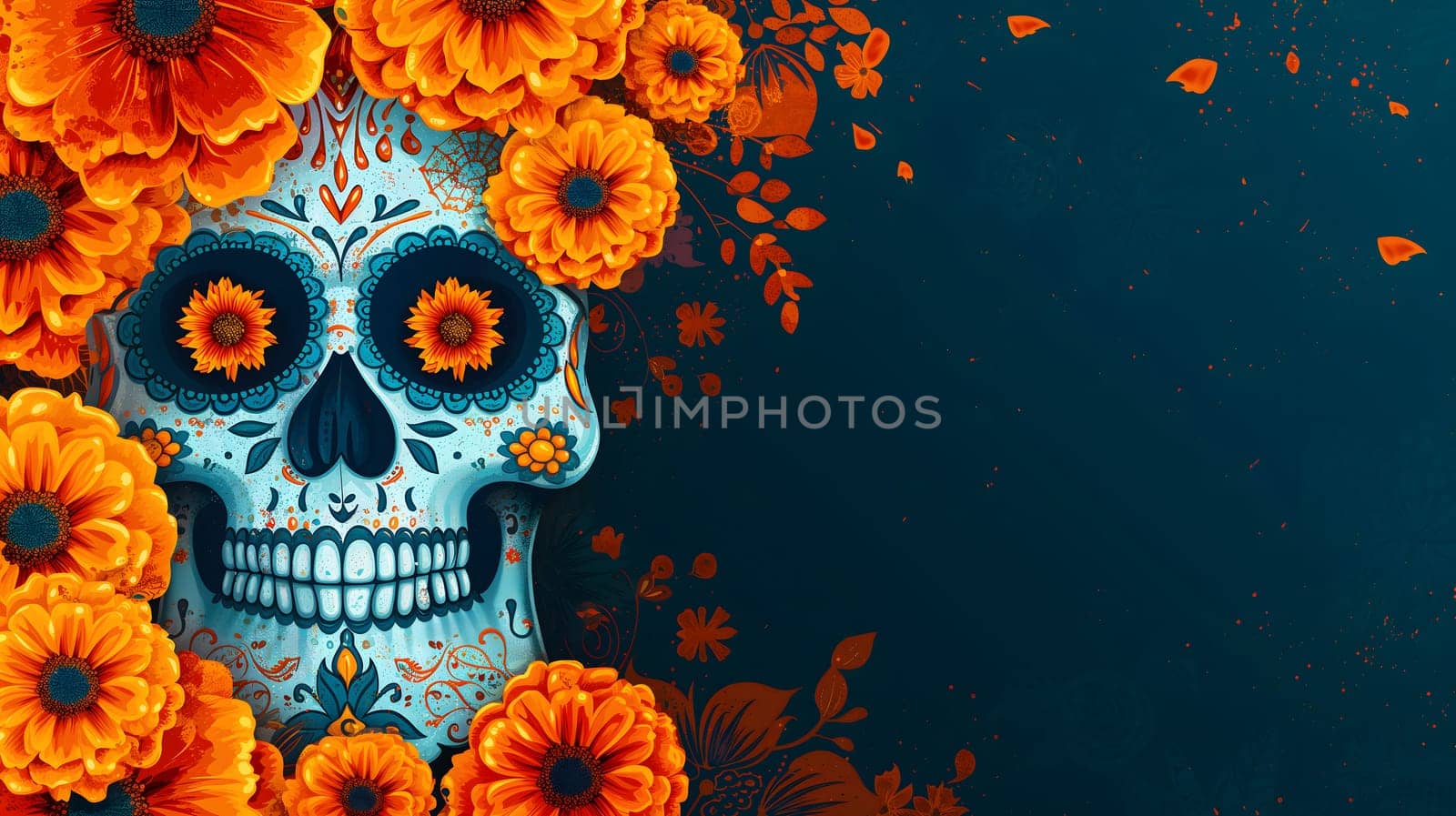 Dia De Los Muertos or Day of the Dead Celebration Banner background with sculls and yellow flowers. Not based on any actual person, scene or pattern.