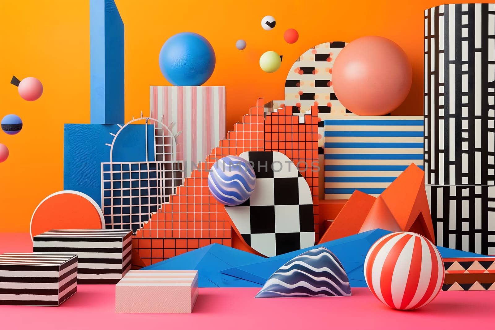 abstract background of playful convergence of 2D pop-art graphics and 3D geometric shapes creating a vibrant multiverse portal, embodying high-energy and big-impact visuals. Neural network generated image. Not based on any actual scene or pattern.