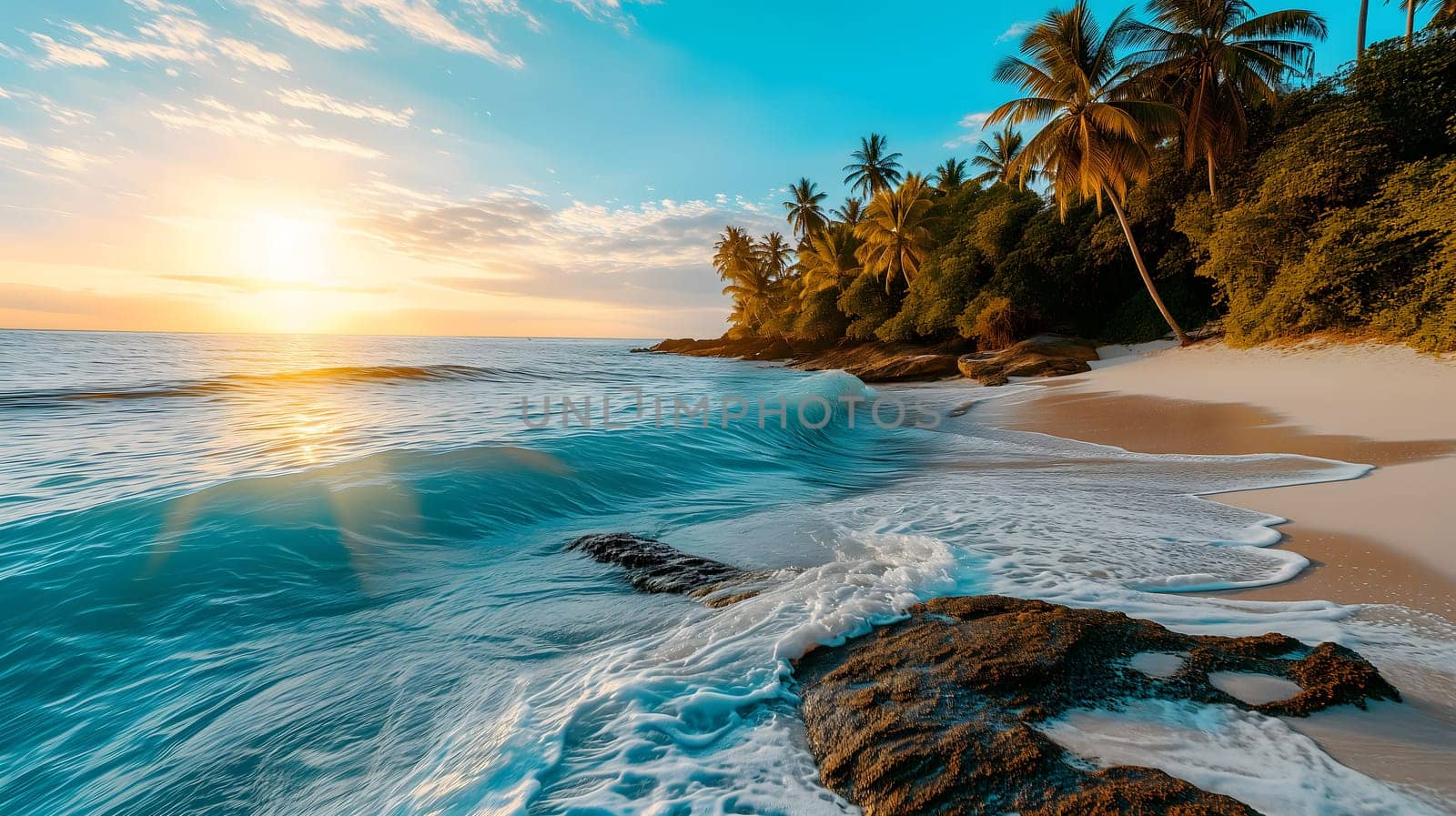 tropical beach view at sunset or sunrise with white sand, turquoise water and palm trees. Neural network generated image. Not based on any actual scene or pattern.