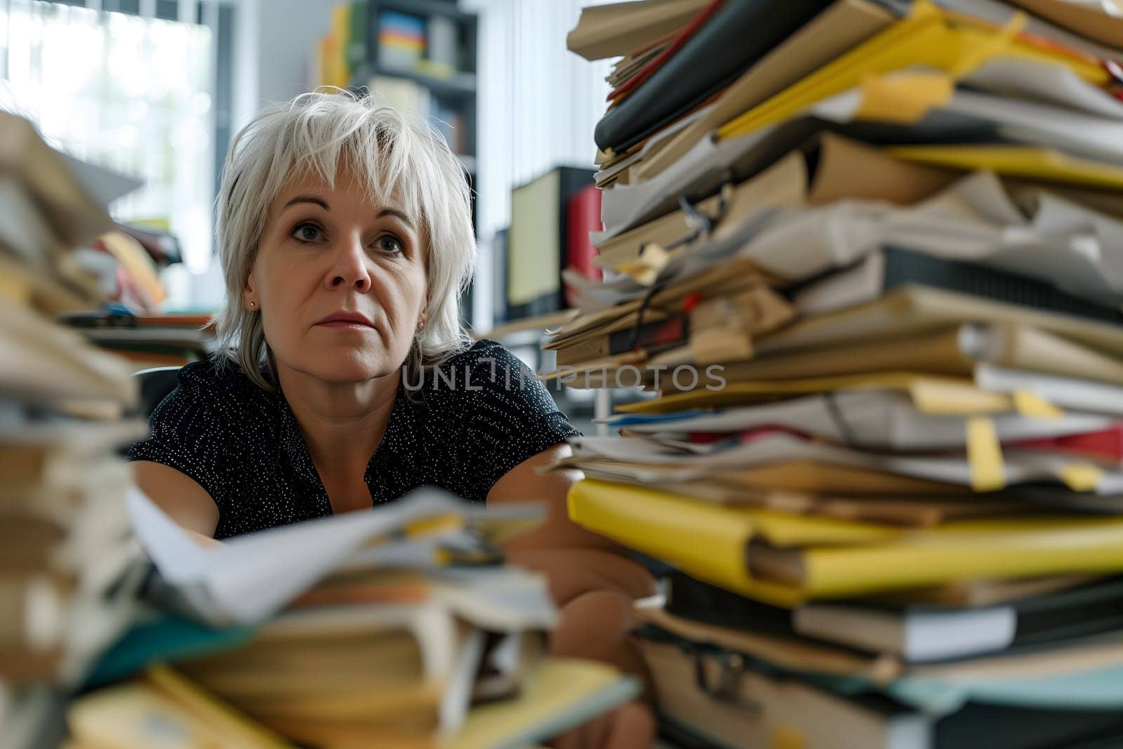 Caucasian woman in an office, overwhelmed by a mountains of paperwork. Neural network generated in January 2024. Not based on any actual scene or pattern.