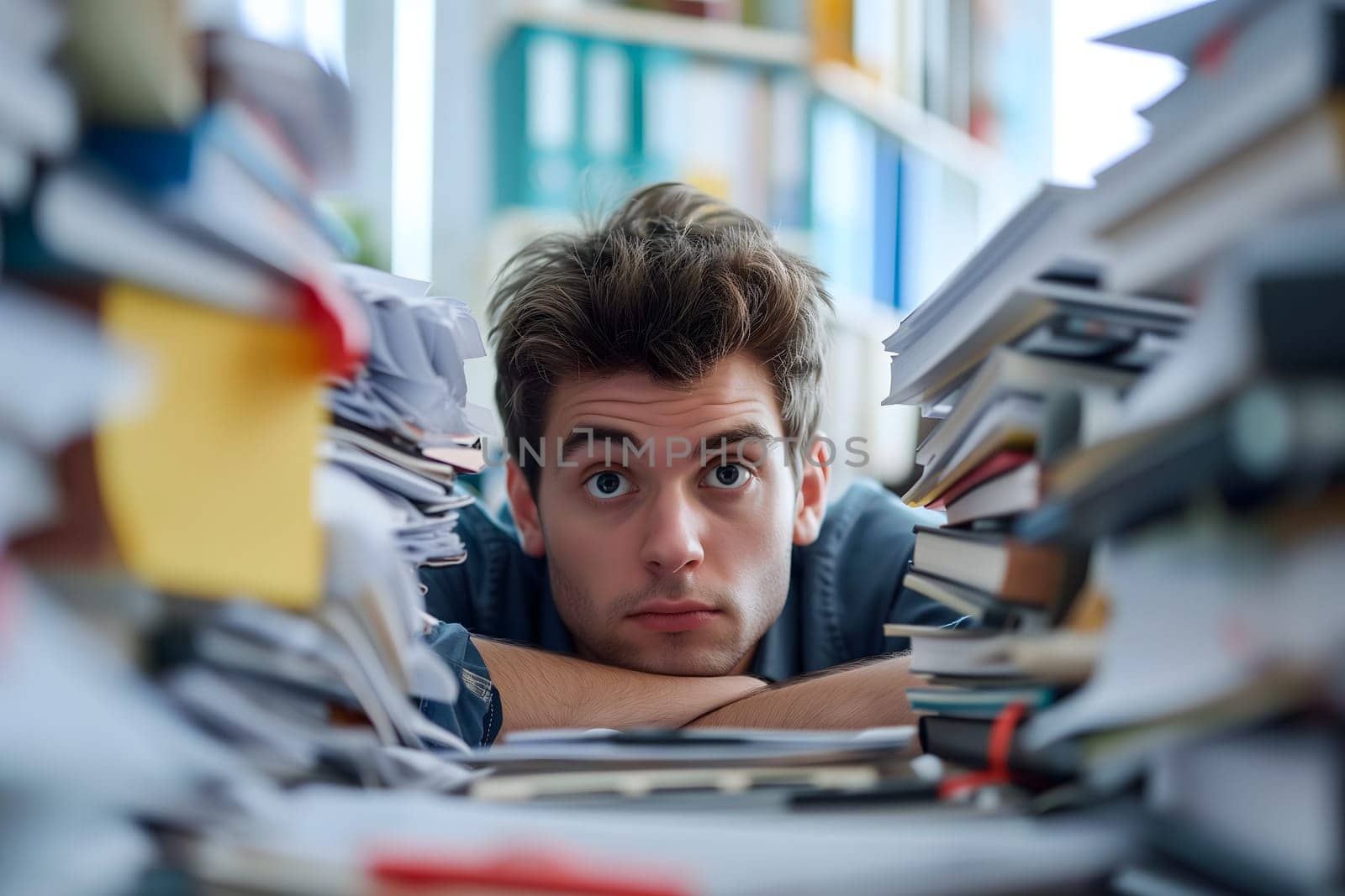 Young adult caucasian man in an office, overwhelmed by a mountains of paperwork. Neural network generated in January 2024. Not based on any actual scene or pattern.