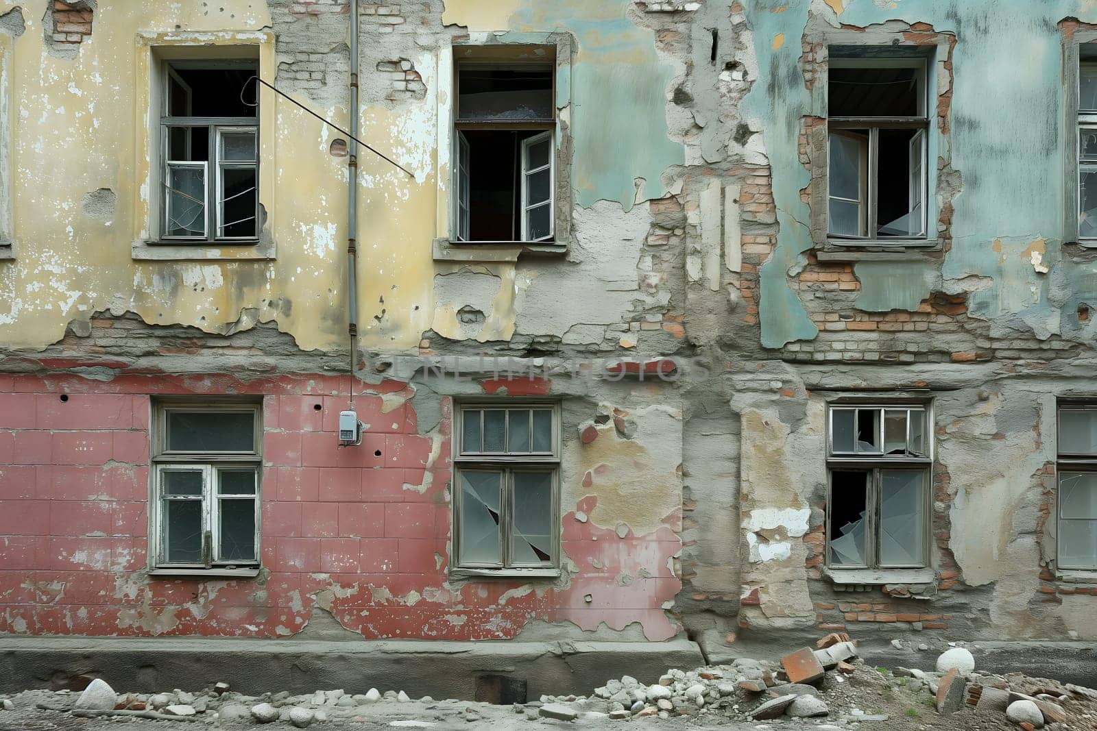 Ruined houses street after war. Neural network generated image. Not based on any actual scene or pattern.