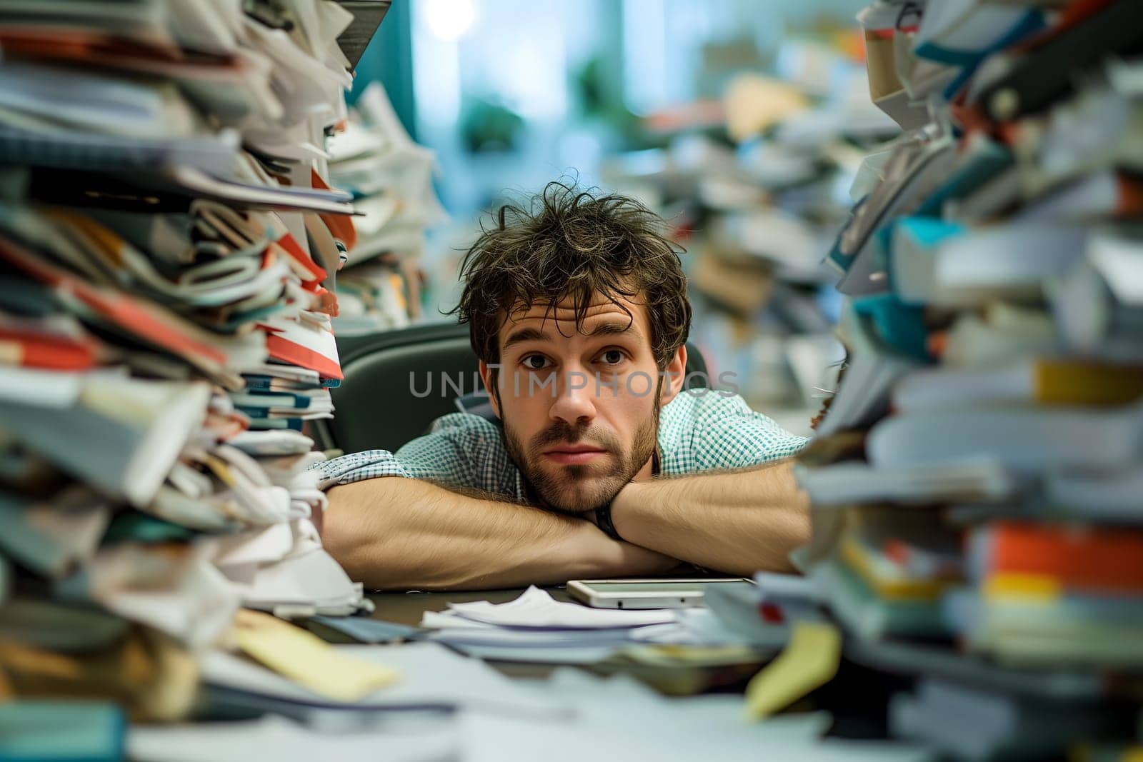 Young adult caucasian man in an office, overwhelmed by a mountains of paperwork. Neural network generated in January 2024. Not based on any actual scene or pattern.