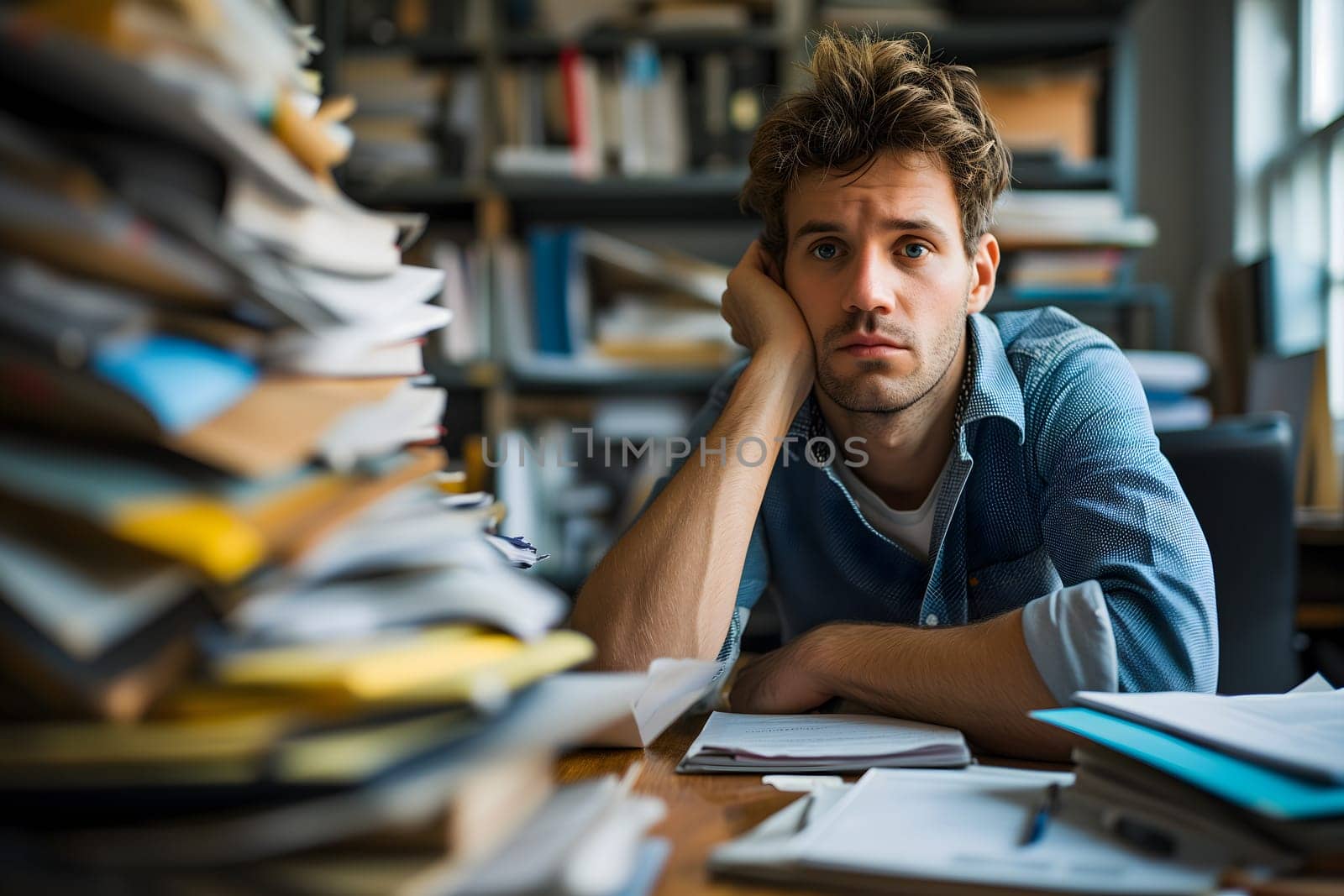 Young adult caucasian man in an office, overwhelmed by a mountains of paperwork. Neural network generated in January 2024. Not based on any actual scene or pattern.