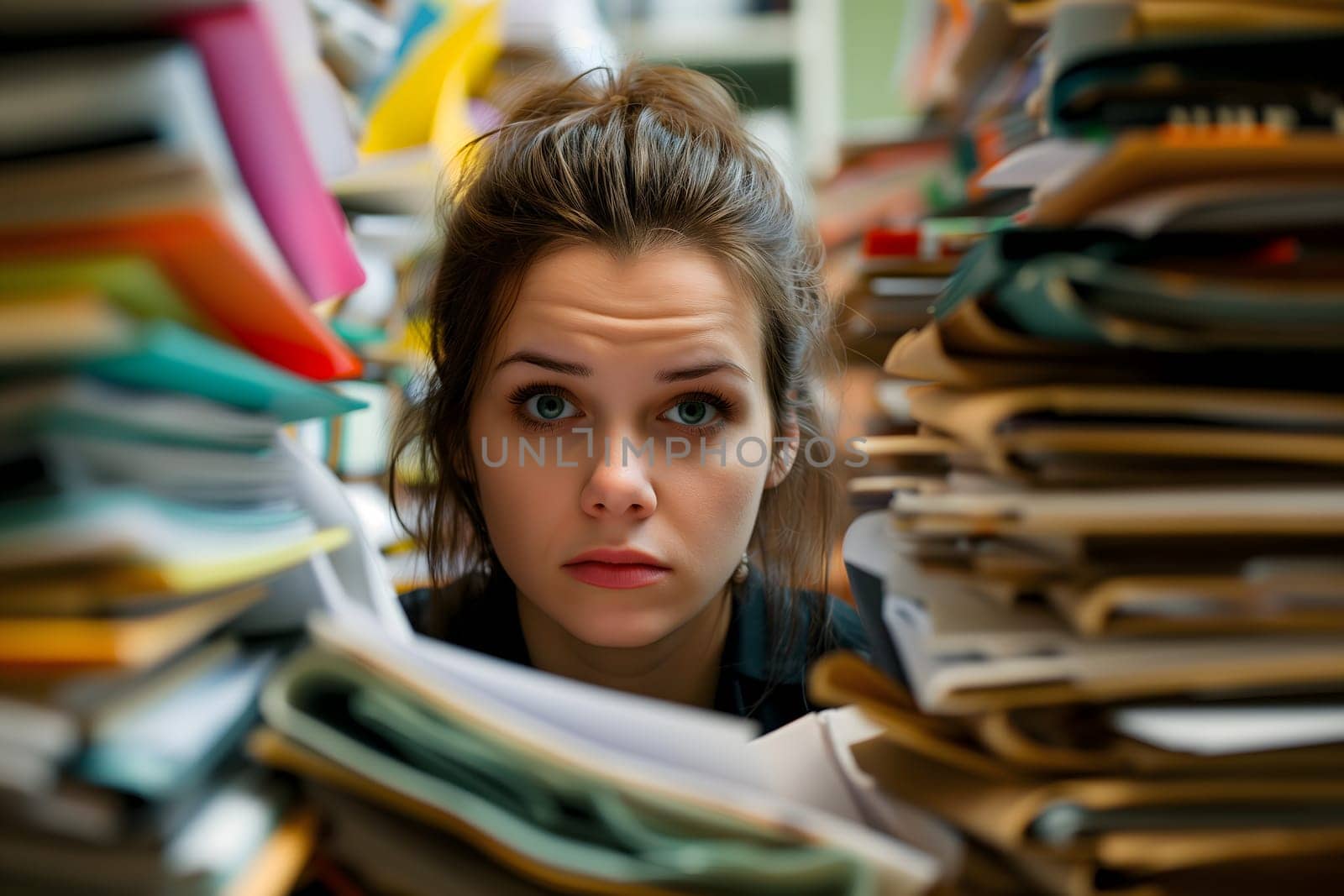 Young adult Caucasian woman in an office, overwhelmed by a mountains of paperwork. Neural network generated in January 2024. Not based on any actual scene or pattern.