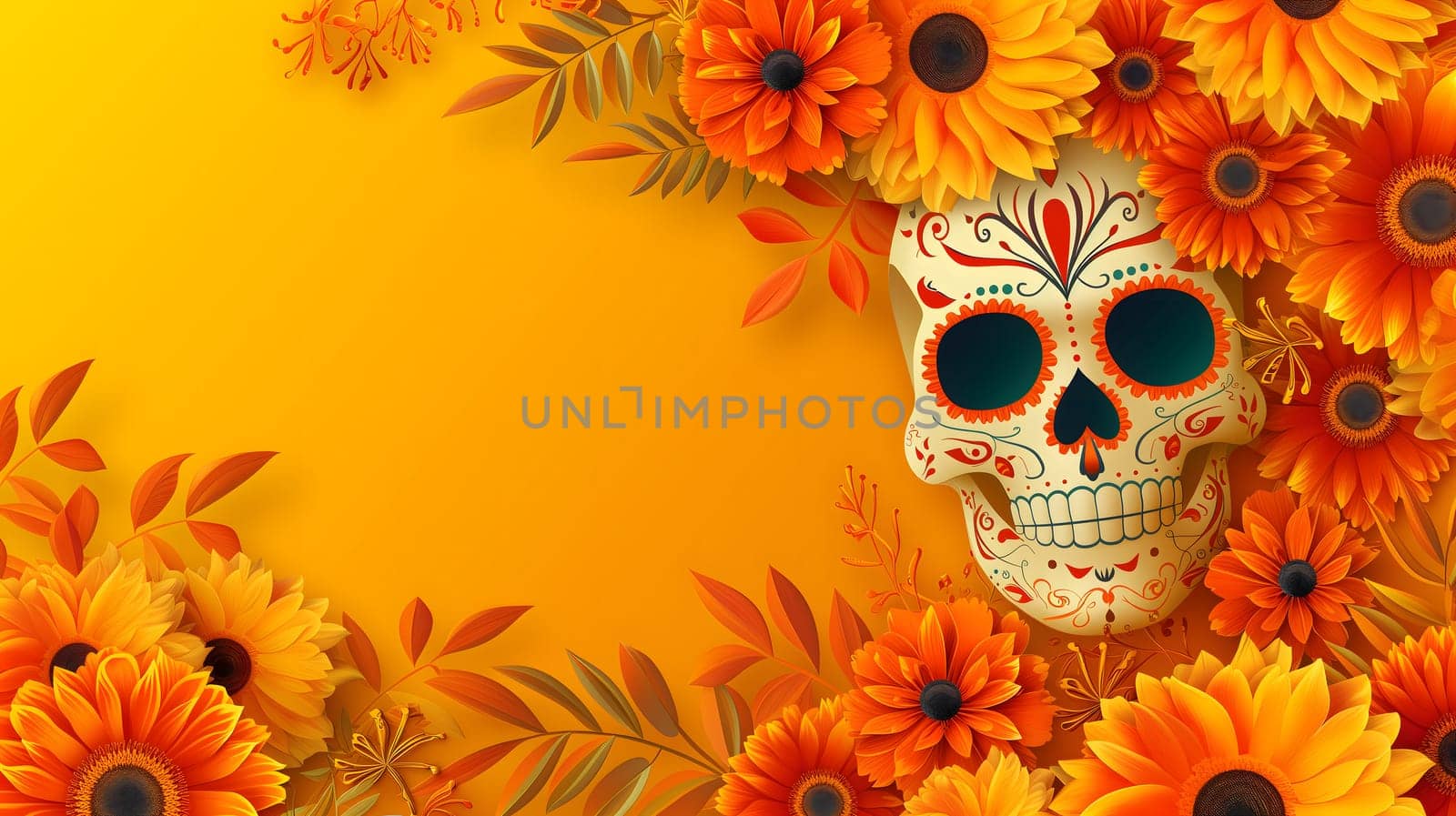 Dia De Los Muertos or Day of the Dead Celebration Banner background with sculls and yellow flowers. Not based on any actual person, scene or pattern.
