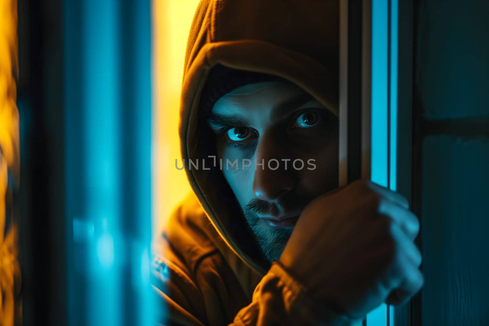 Thief in a house at night. Neural network generated image. Not based on any actual scene or pattern.