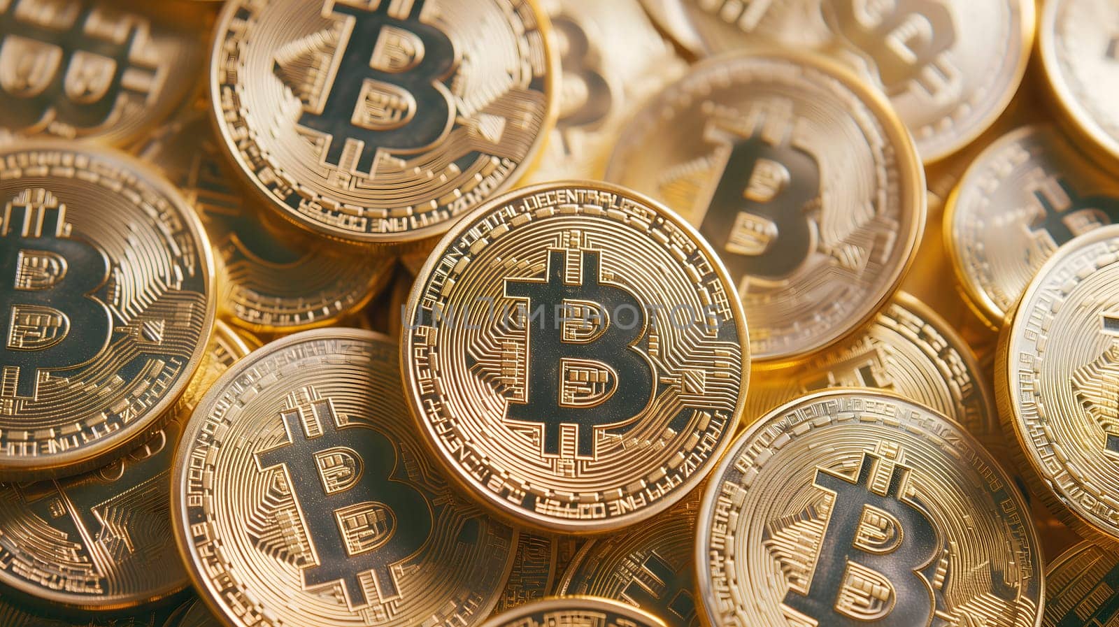 Golden bitcoin shiners closeup full-frame background. Neural network generated image. Not based on any actual person or scene.