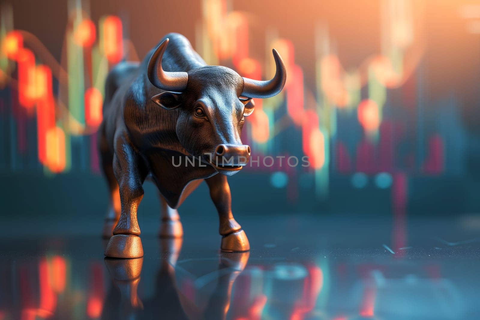 Bull with stock market chart in the background, closeup with selective focus Neural network generated in January 2024. Not based on any actual scene.
