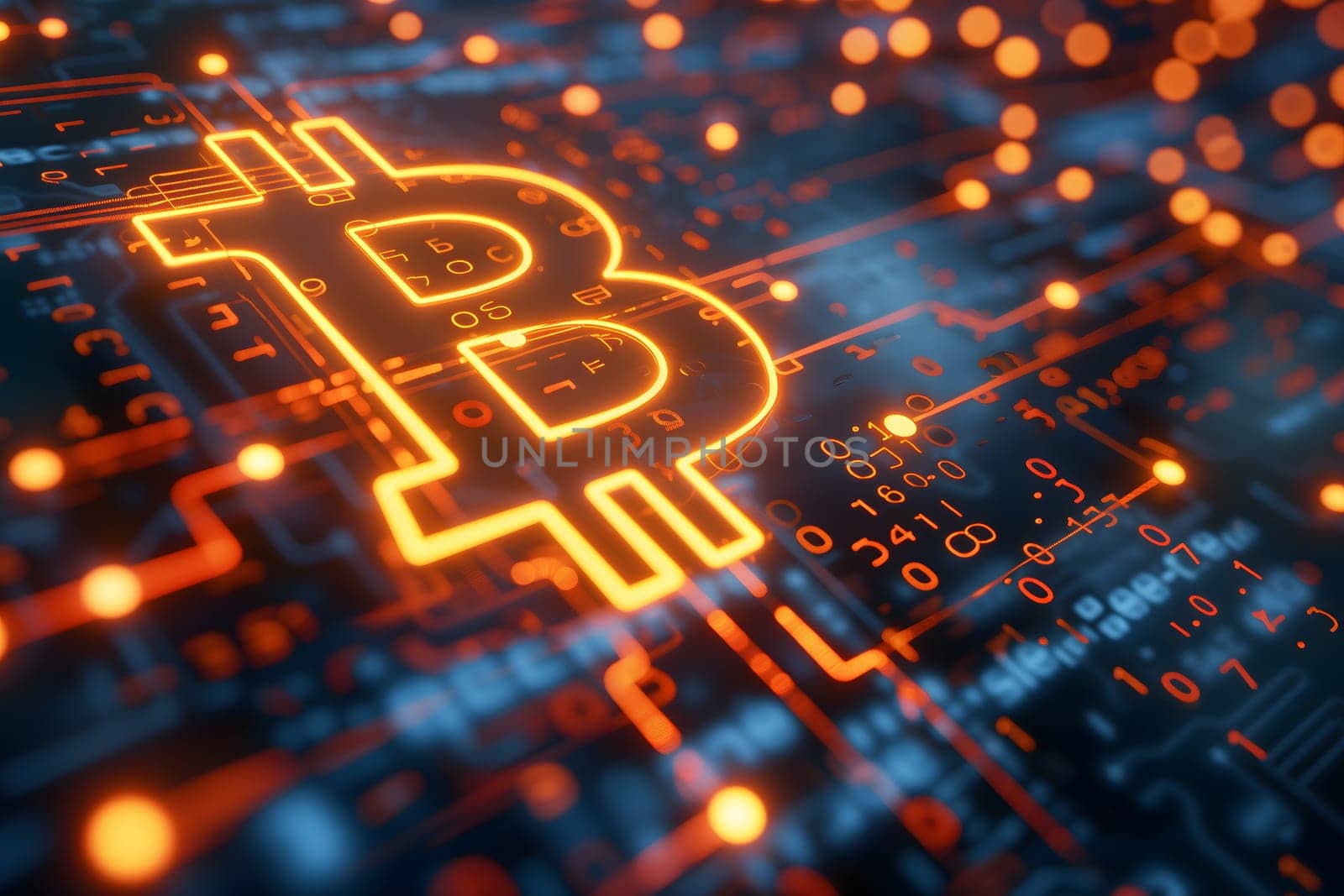 Bitcoin logo on digital data surface background. Neural network generated image. Not based on any actual person or scene.
