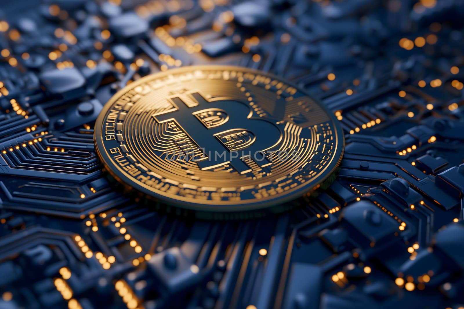 Bitcoin shiner laid over circuit board. Neural network generated image. Not based on any actual person or scene.
