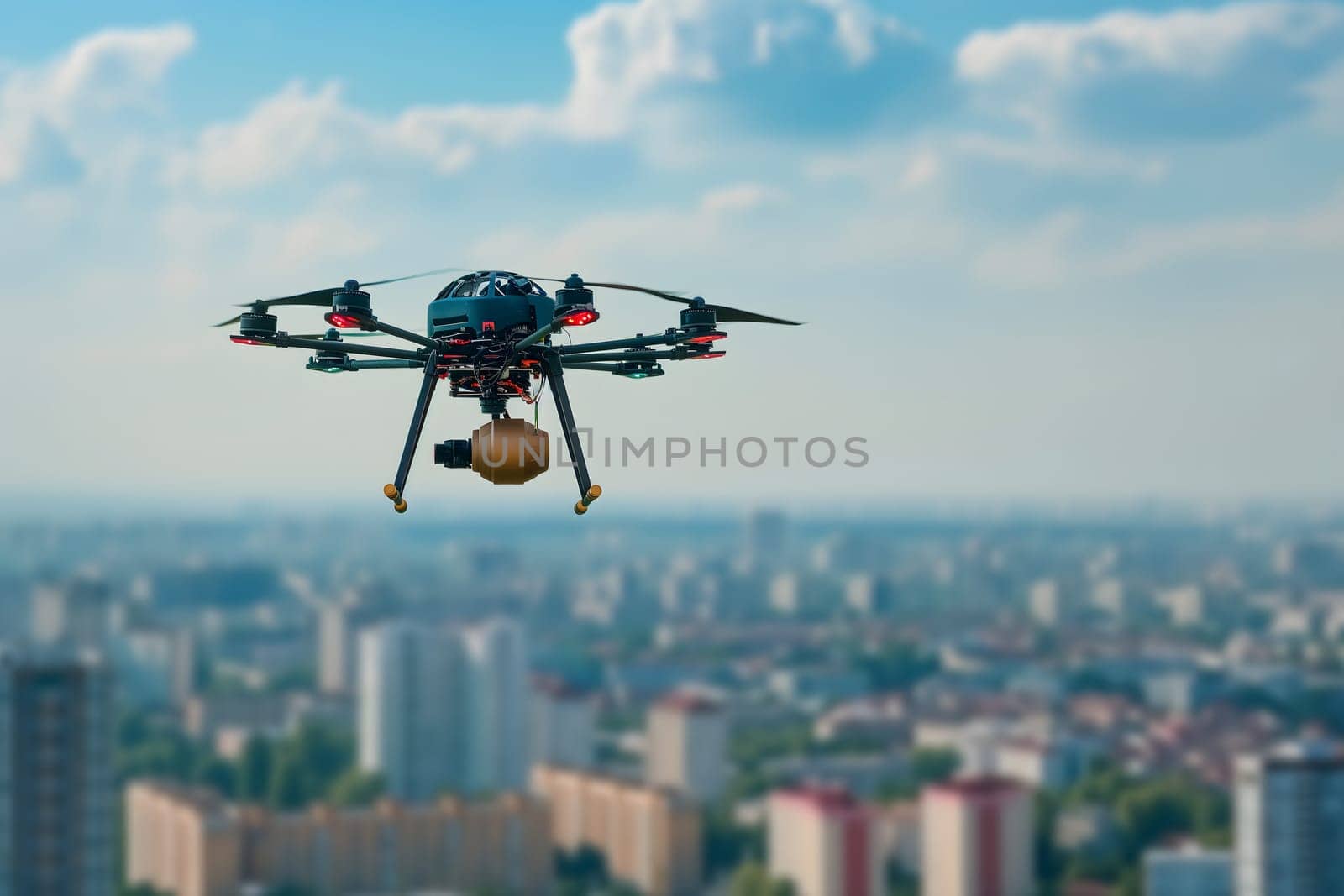 Copter drone with a bomb over city at summer day. Neural network generated image. Not based on any actual scene or pattern.