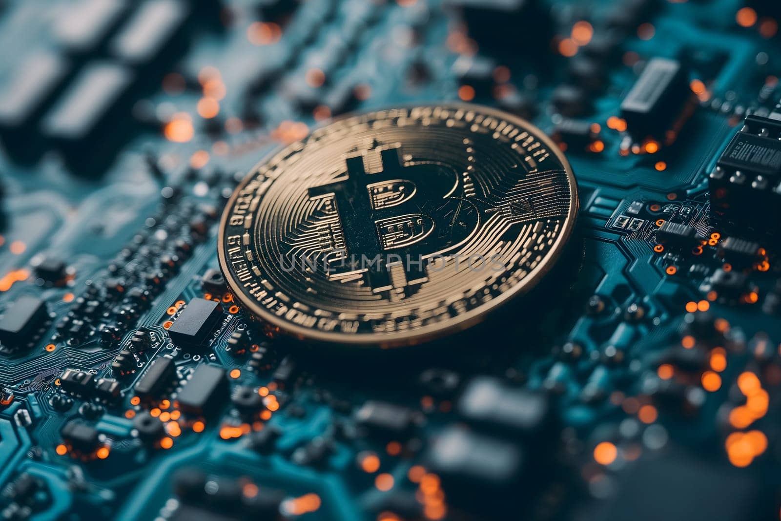 Bitcoin shiner laid over circuit board. Neural network generated image. Not based on any actual person or scene.